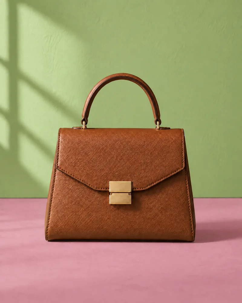Bolsa de couro sobre parede verde e piso rosa